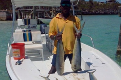 Person on a boat holding two large fish near clear water and dock.